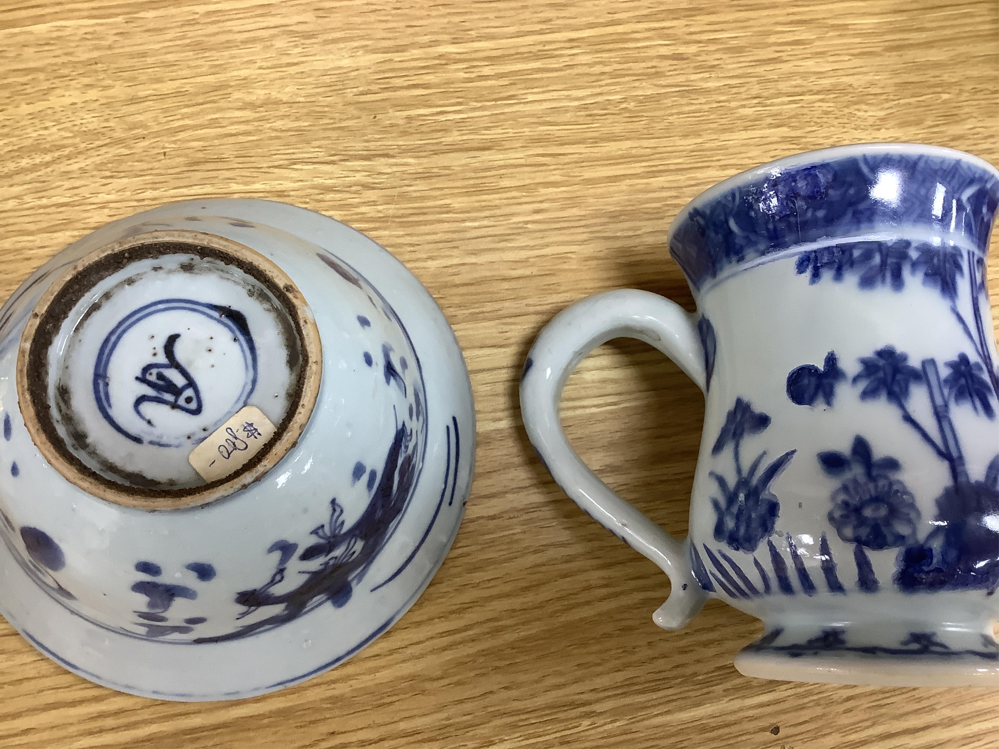 A Chinese blue and white Ming dynasty bowl, a blue and white mug and two pieces of famille rose (4), tallest 12cm. Condition - good